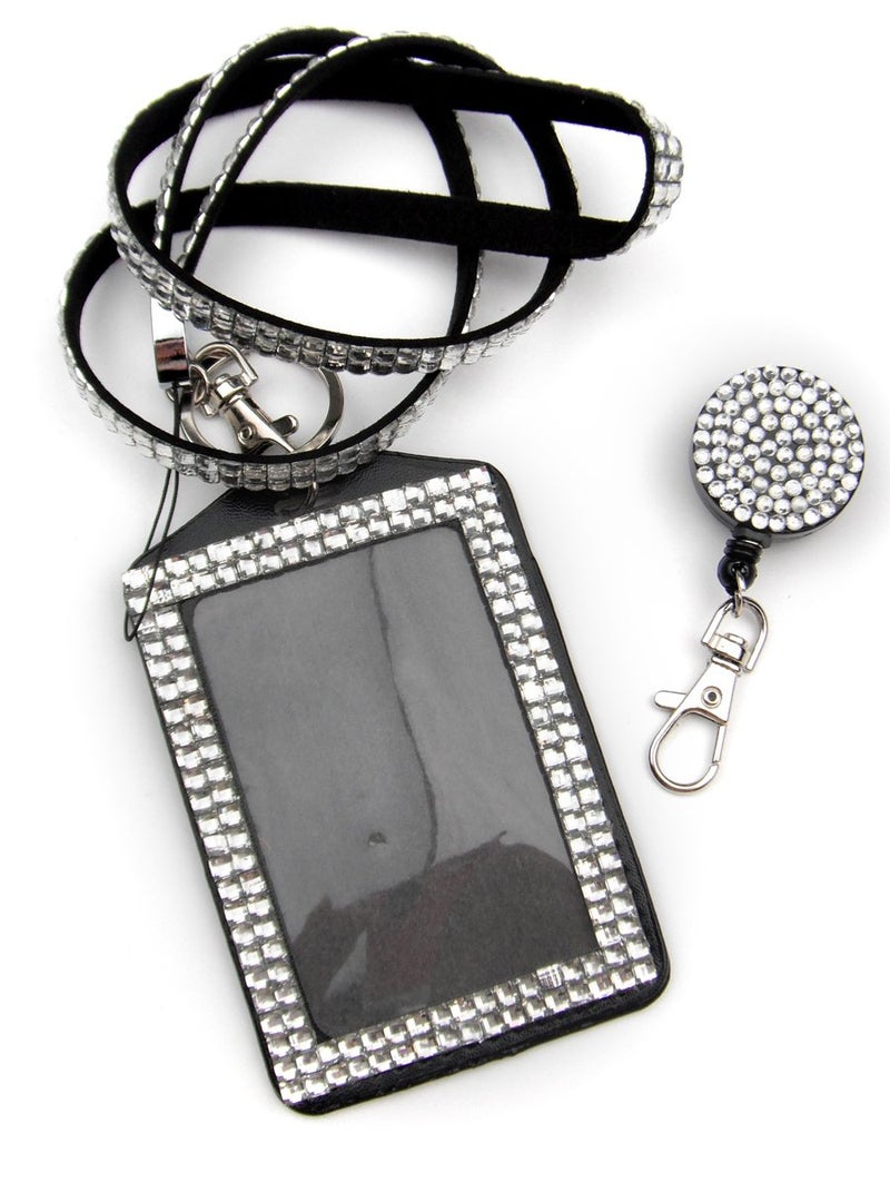 ALL in ONE Rhinestone Lanyard Bling Crystal Necklace + Badge Reel + Card Holder for Business Id/Key (White)